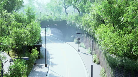 asphalt road and green trees in park