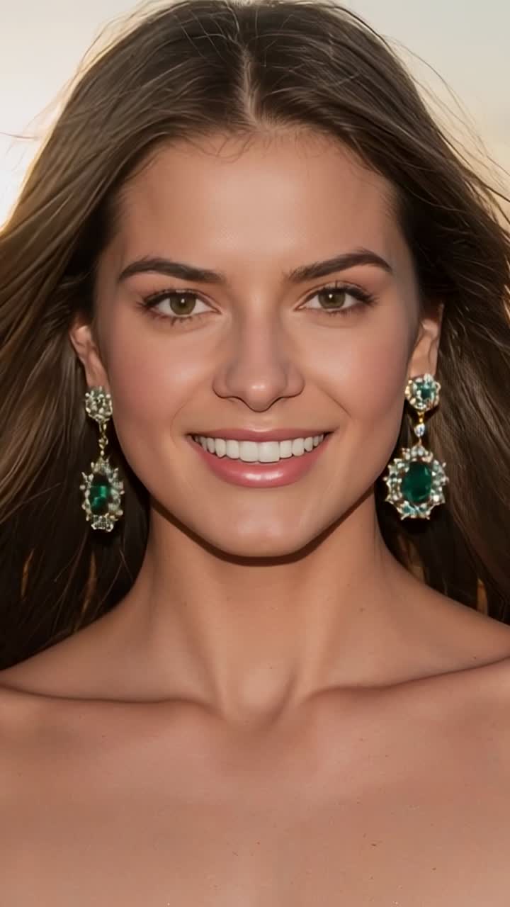 Vertical video: Model in sequined top and green earrings smiling with breeze lifting hair at sunset