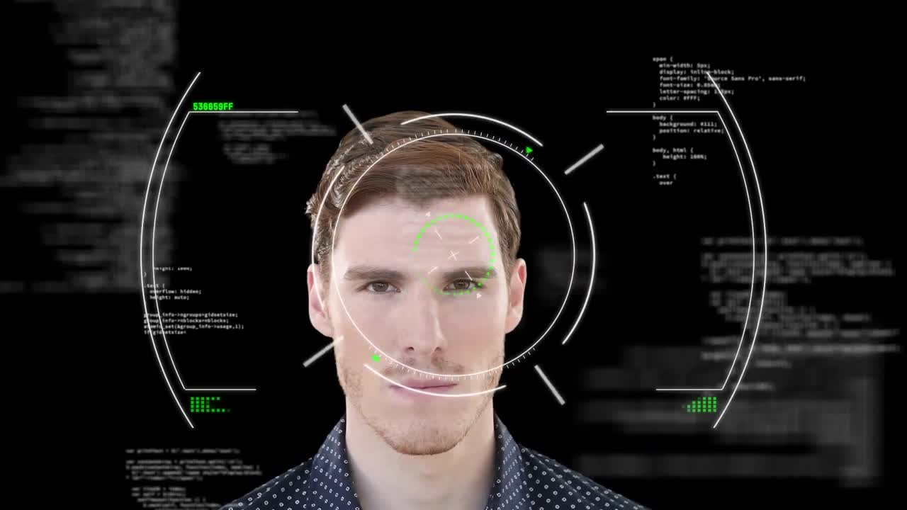 스 스캔 및 데이터 처리의 애니메이션 백인 남자가 미소 짓고 있습니다.