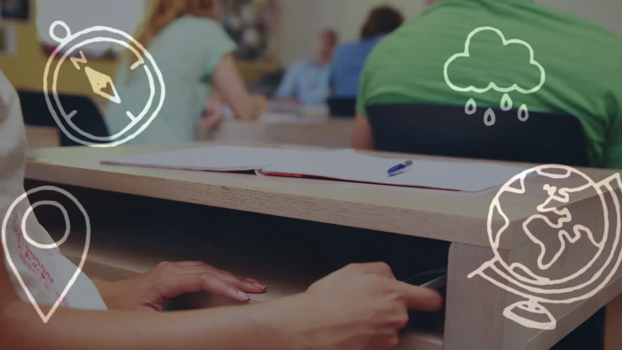 노란색 여성이 메모를 하는 중간 부분에 여행 아이콘의 애니메이션