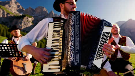 alpine musicians performing traditional music in the mountains