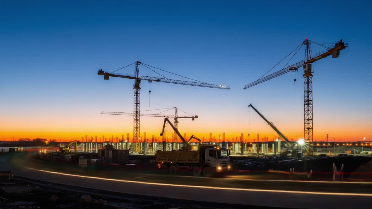 A Dynamic Construction Site at Dusk With Tower Cranes and Trucks, Showcasing the Transition from Daylight to Night as the Lights Illuminate the Project Area