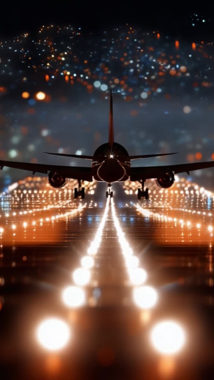 Pista de Aeropuerto Iluminada de Noche con Avión Despegando, Presentando un Camino Iluminado y un Fondo Urbano Creando una Impresionante Experiencia Visual