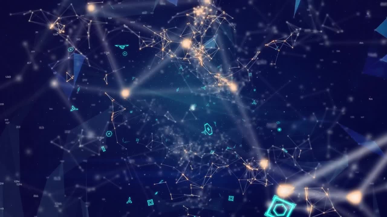 Animation of network of connections with icons over globe and dark blue background