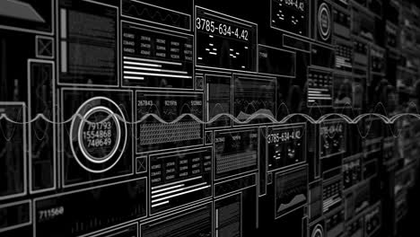 animation of data processing and diagrams on black background