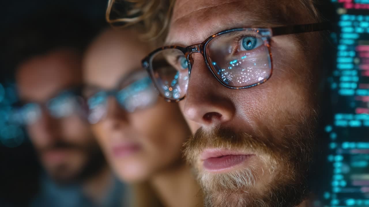 Focused Professionals Analyzing Data in a High-Tech Setting with Digital Displays - Engaged in Deep Thought and Collaboration