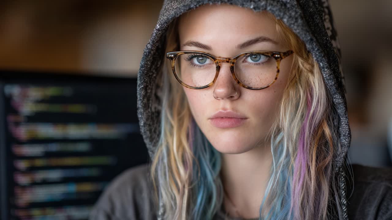 Focused Individual in a Hoodie and Glasses Engaged in Coding, Surrounded by Colorful Lines of Code on a Computer Screen in a Modern Workspace Setting