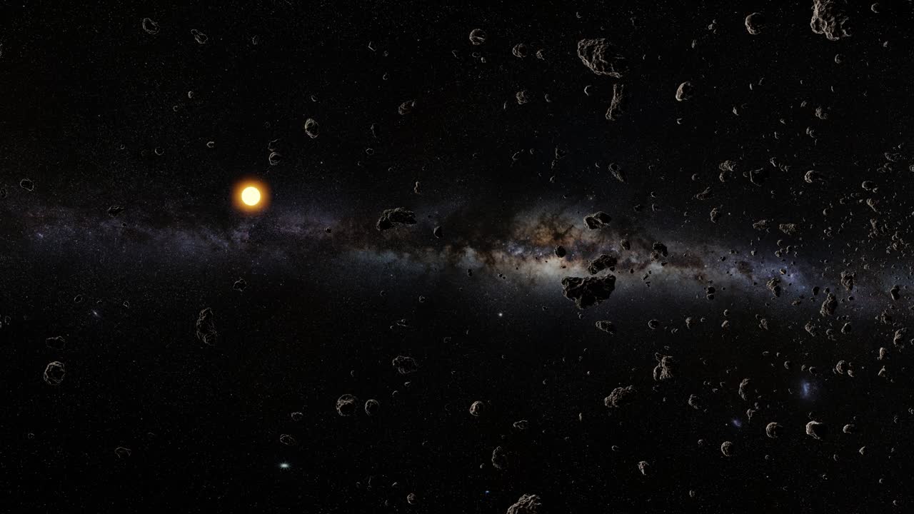 enjambre de asteroides en el sistema solar, escena espacial de ciencia ficción, bucle de 4k