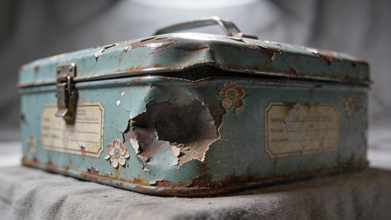 Pushing camera revealing vintage turquoise tin on cloth table, showing rust, hole, texture