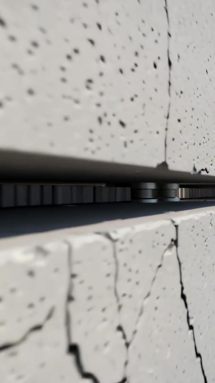 Vertikales Video: Schwenkende Kamera bewegt sich entlang einer Fassadenfuge und inspiziert eine gerippte Leiste von Spurhaltern.