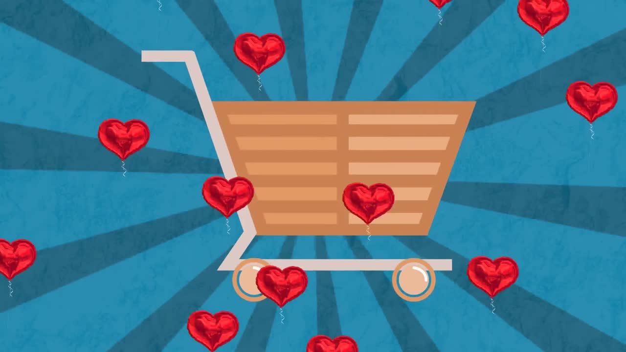 múltiples globos en forma de corazón rojo flotando sobre el icono del carrito de compras contra un fondo radial azul