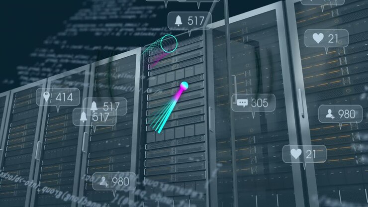 Animation of icons and data processing over servers and marker