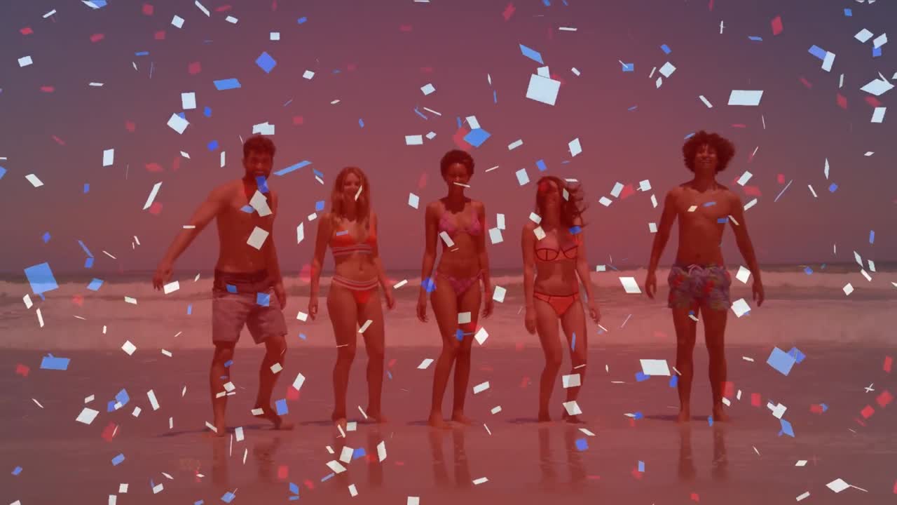 해변에서 다양한 친구들에 대한 콘페티의 애니메이션