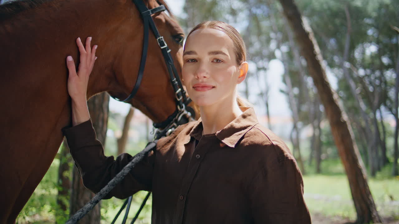Smiling woman caressing horse at sunny nature closeup. Animal enjoy owner love