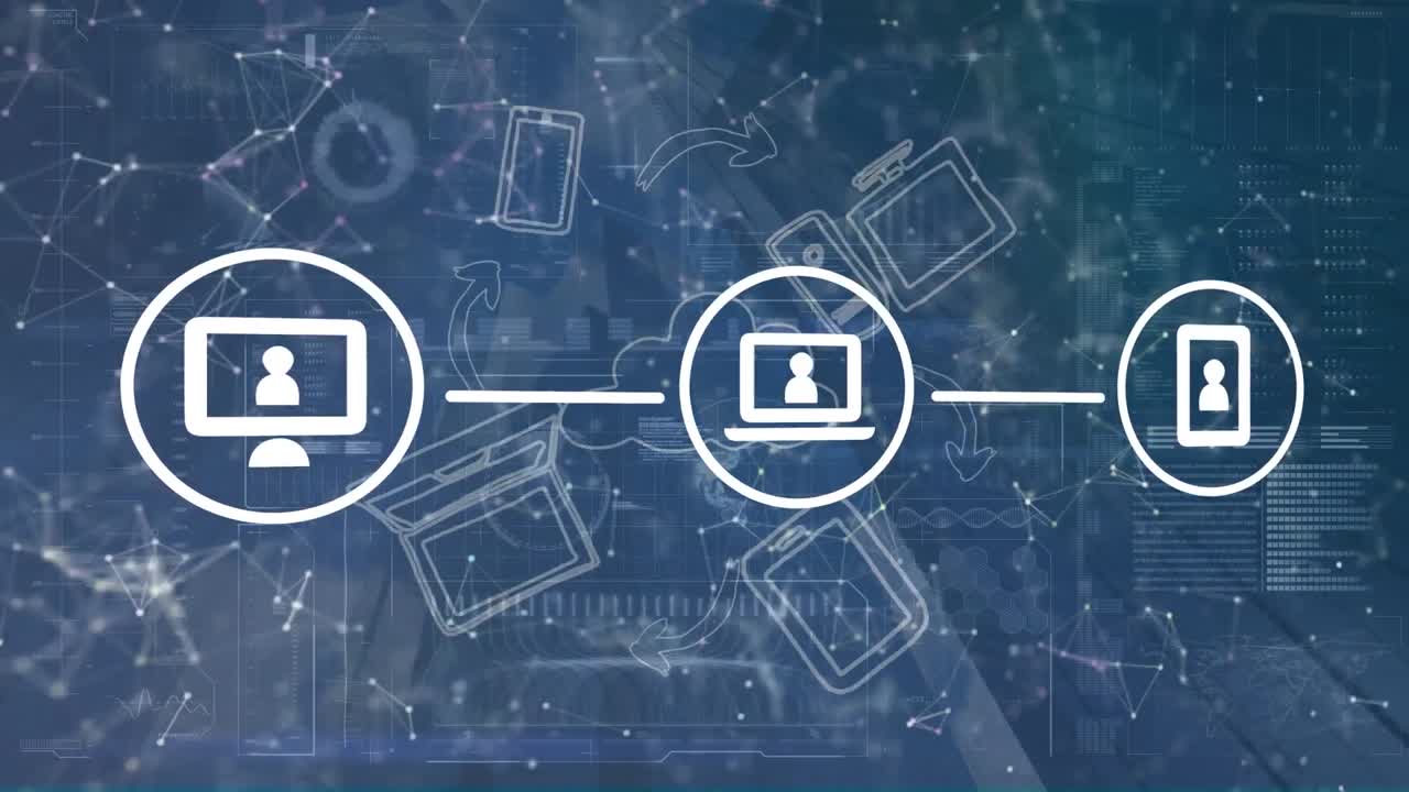 검은색 배경에 데이터 처리에 대한 아이콘으로 연결 네트워크의 애니메이션