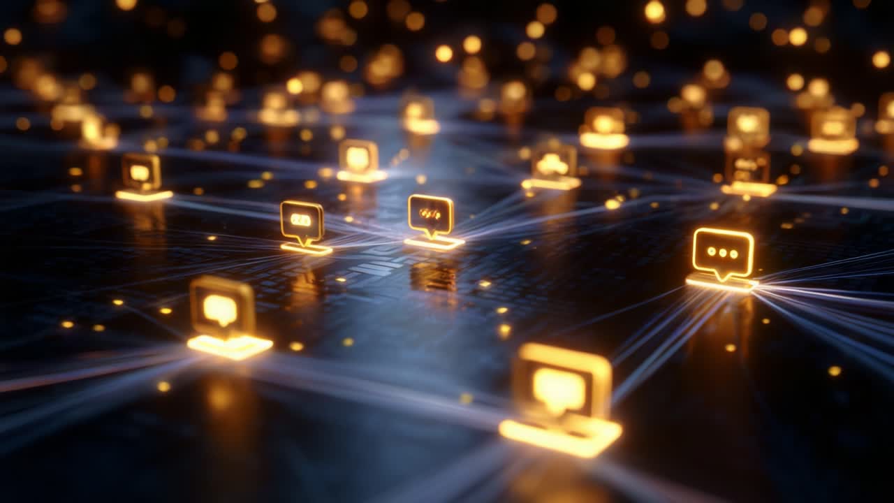 An Intricate Network of Illuminated Icons Representing Digital Communication, Symbolizing Connections and Interactions in a Technologically Advanced Landscape of Information Sharing