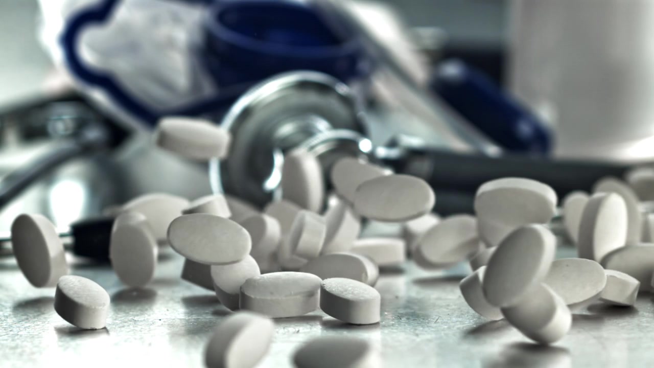 Pillole bianche che cadono al rallentatore con attrezzature mediche sullo sfondo