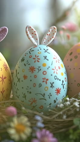 Colorful Easter eggs in a floral nest. Brightly decorated Easter eggs rest in a nest among vibrant spring flowers, capturing the essence of the season's joy.