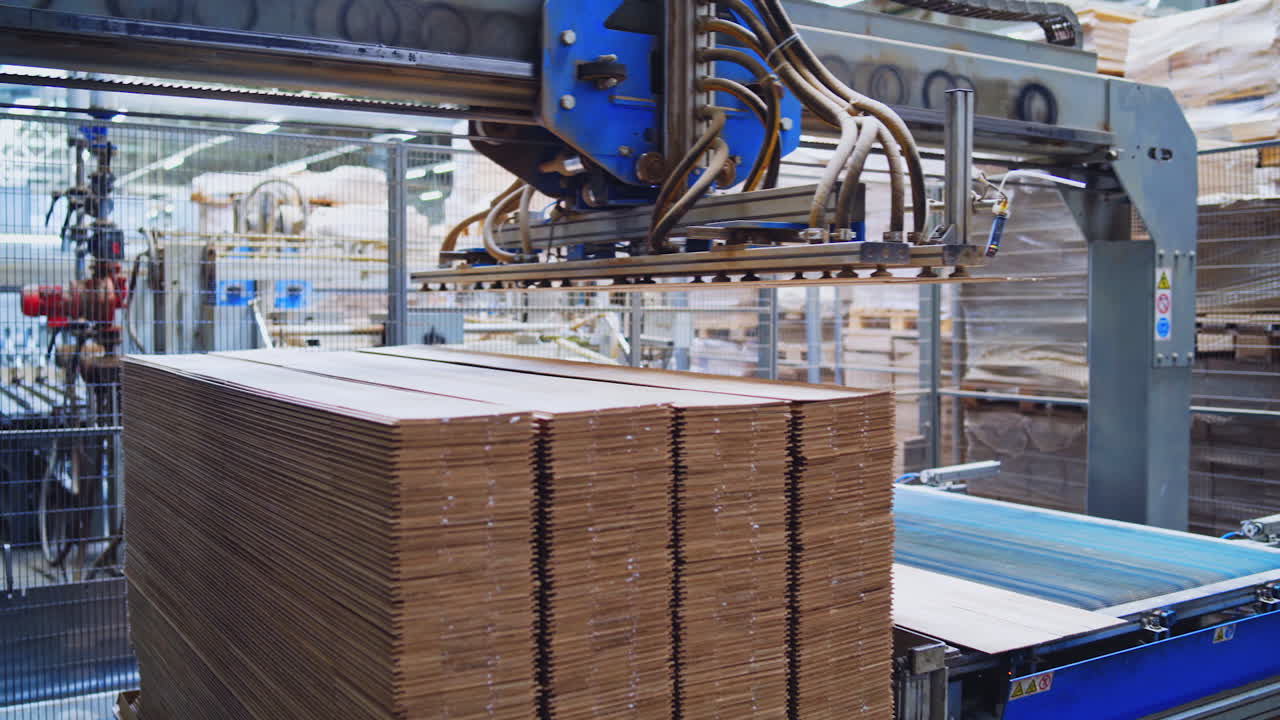 Automated equipment for laminate production. Modern robotic factory indoors. Woodworking production.