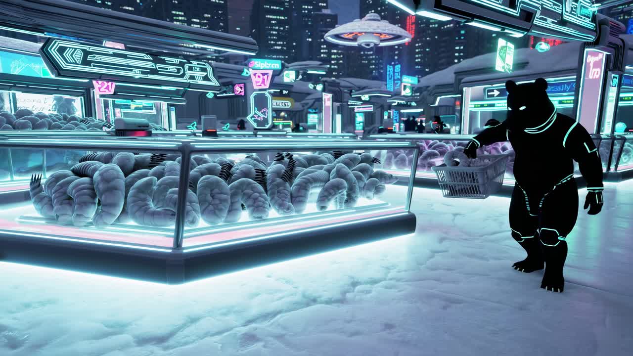 Bear Astronaut Shopping in a Neon Futuristic Market