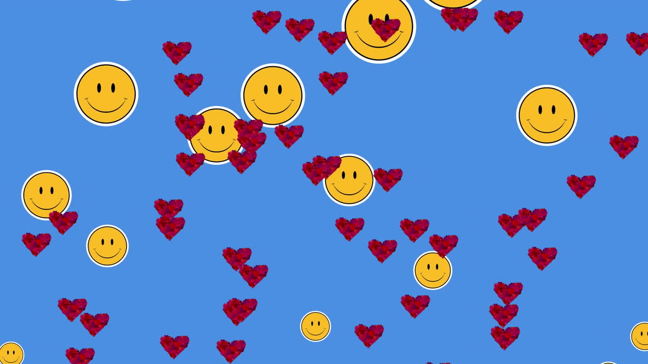 파란색 배경 위에 떠다니는 심장과 미소의 애니메이션