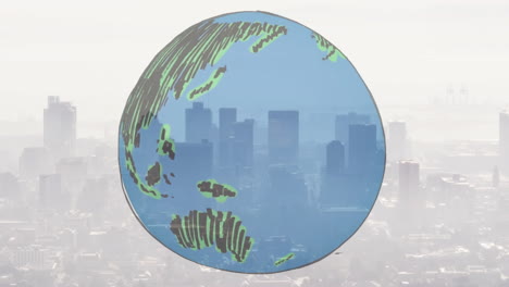 earth animation hand-drawn over cityscape with skyscrapers in background