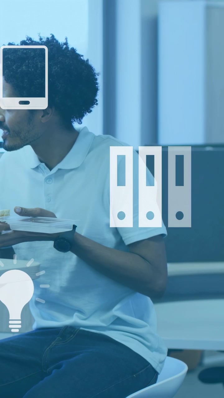 Vertical video: Man holding food turning right after phone alert, overlaying business file icons