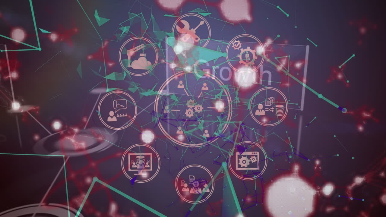 animación de moléculas, texto comercial y red de conexiones con iconos