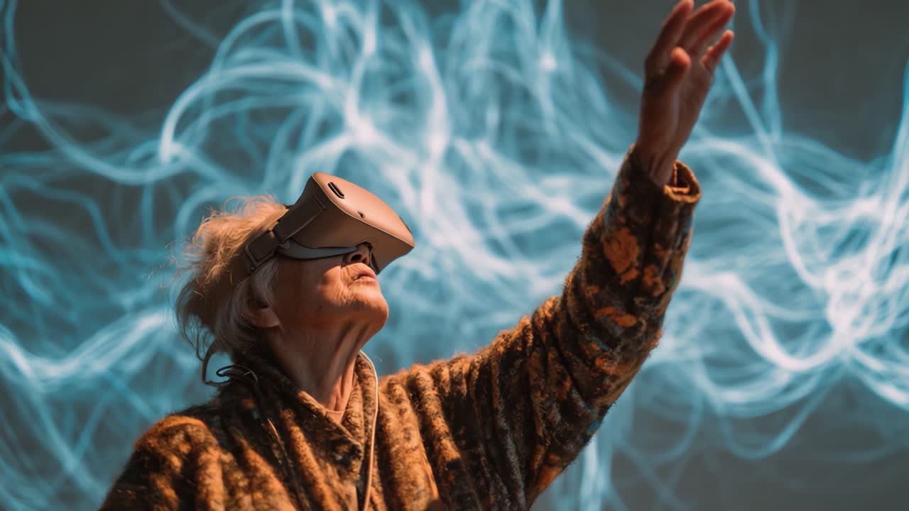 Elderly Individual Immersed in Virtual Reality Experience, Engaging with Digital Elements, Exhibiting Creativity and Curiosity, as Vivid Light Patterns Surround in a Vividly Alive Environment