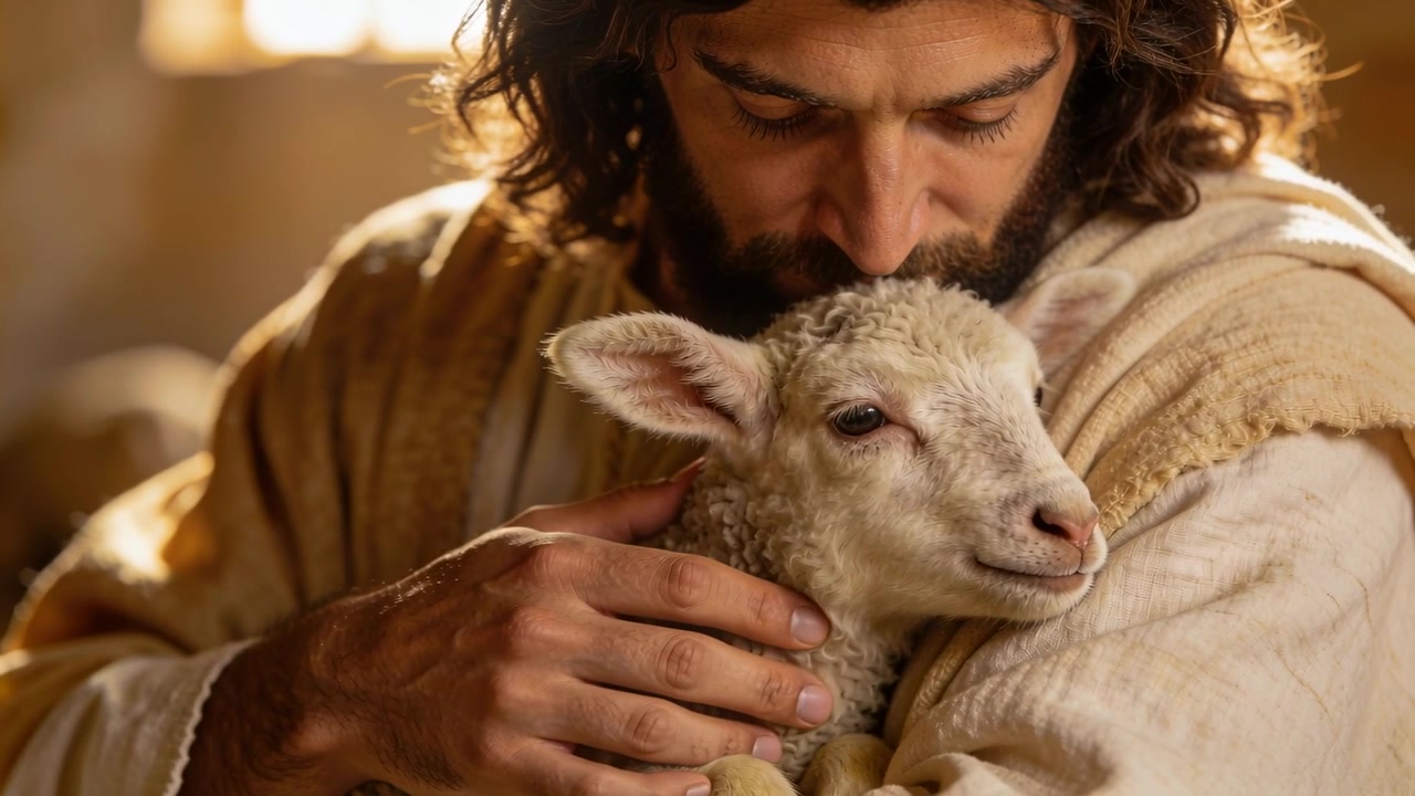 Tenendo l'agnello vicino, uomo barbuto che culla e conforta un agnello in vesti, finestra della stalla che retroillumina.