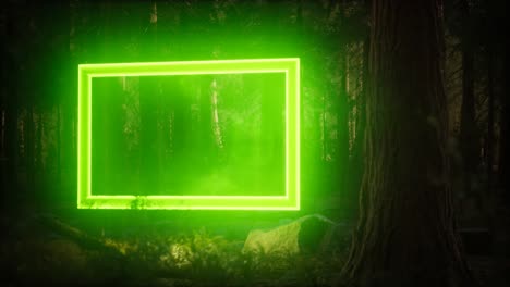 marco rectangular brillante de neón en el bosque nocturno