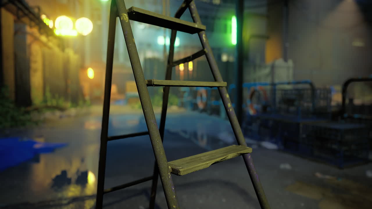 Ladder in urban setting illuminated by neon lights during nighttime