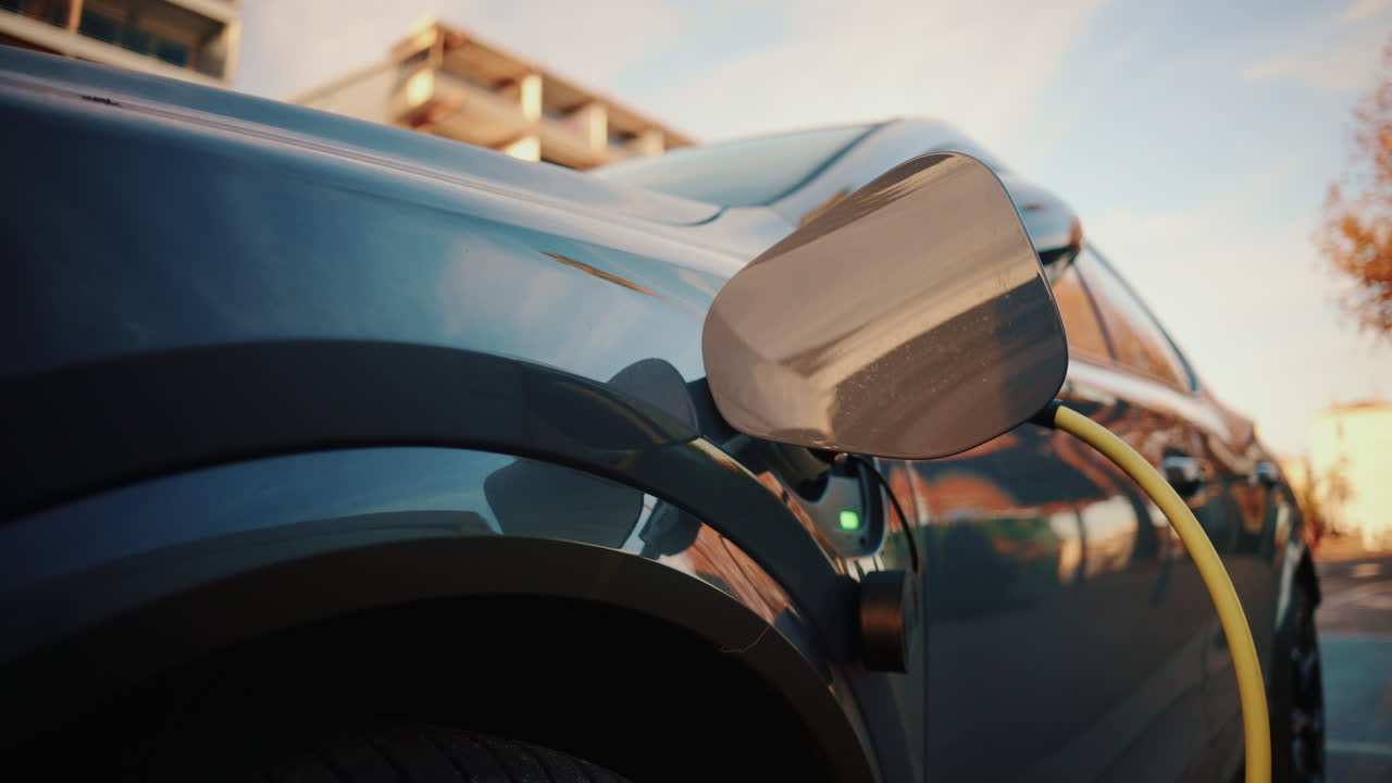 Close up shot of an electric car plugged into a charging station