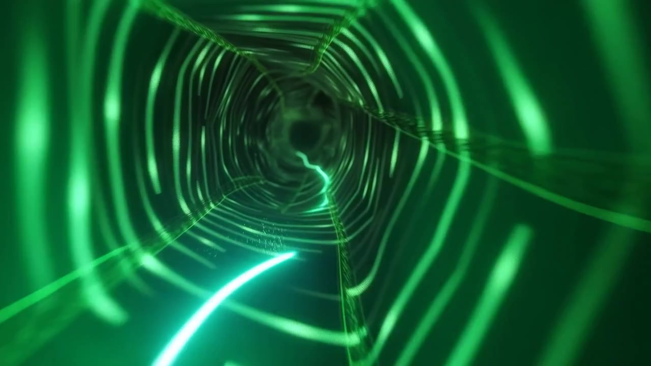Leuchtender grüner sechseckiger Tunnel mit geschwungenen Lichtspuren in einem dunklen futuristischen Korridor, der einen lebendigen abstrakten Bewegungs-Hintergrund mit Tiefe und Kontrast erzeugt.