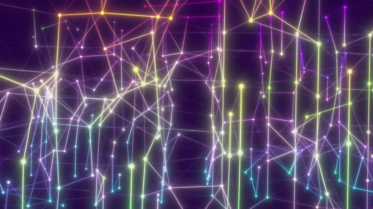 Plexus of abstract colored geometrical lines with moving triangles and dots on a black.background. Slow motion. Loop animations multicolored.