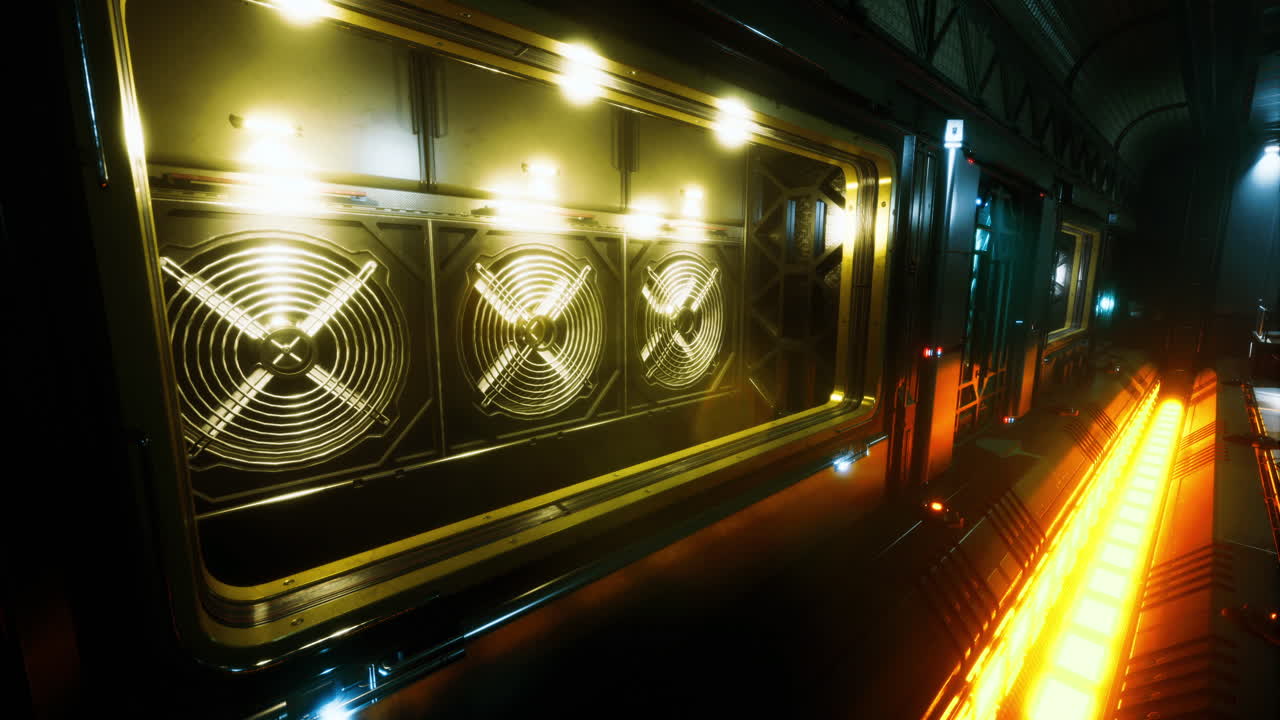 Illuminated industrial corridor with fans in futuristic setting at night