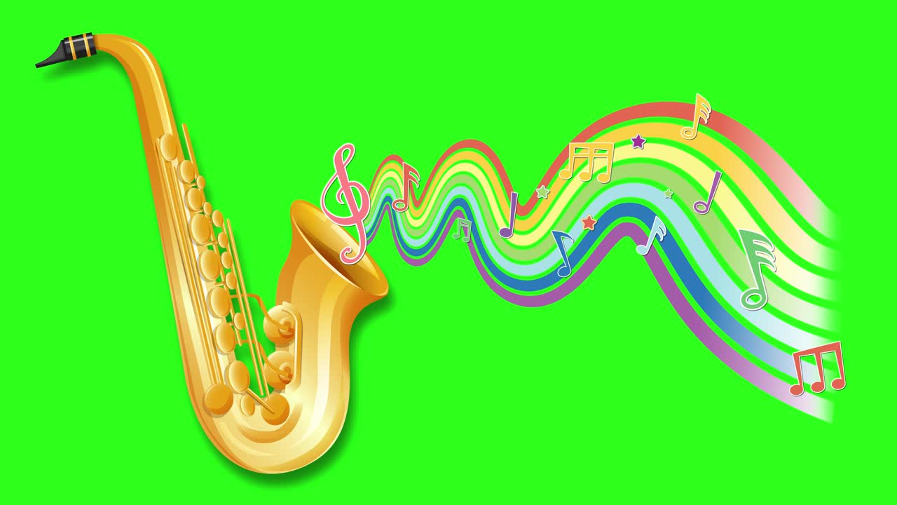 A dynamic saxophone animation with colorful musical notes and vibrant green background, creating a lively and rhythmic visual experience