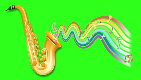 a dynamic saxophone animation with colorful musical notes and vibrant green background, creating a lively and rhythmic visual experience