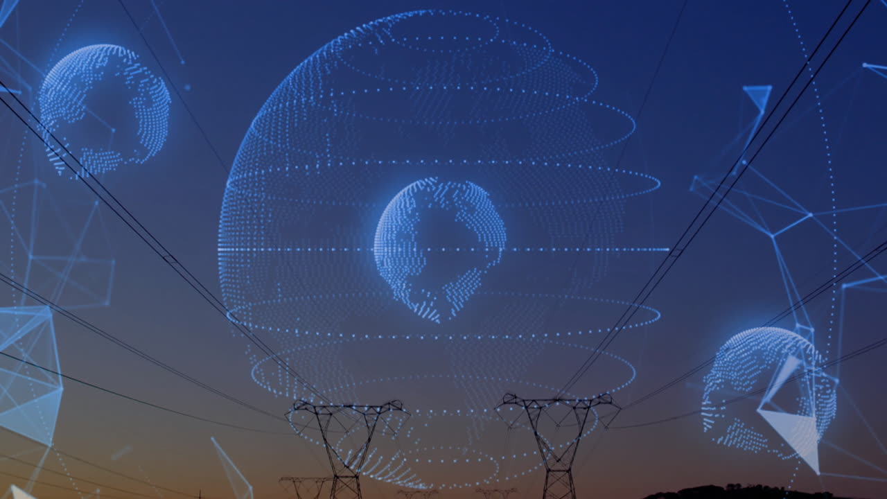 Large blue holographic globe floating above steel lattice towers, featuring smaller spheres