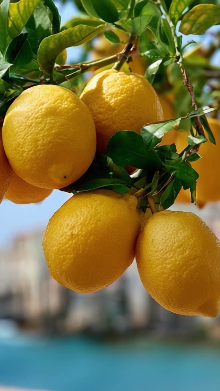 Limoni gialli vivaci appesi a un ramo verde lussureggiante con vista su uno sfondo marino panoramico sotto una luce naturale brillante.