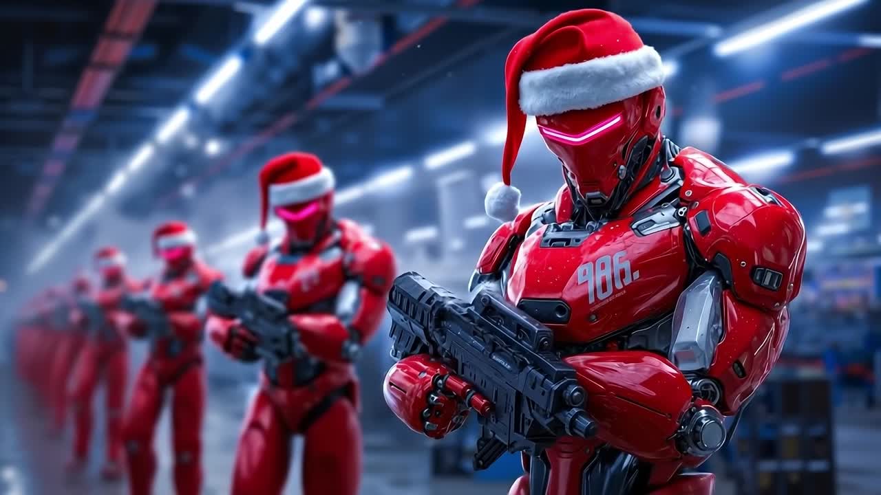 A group of red robots wearing Santa hats in a warehouse