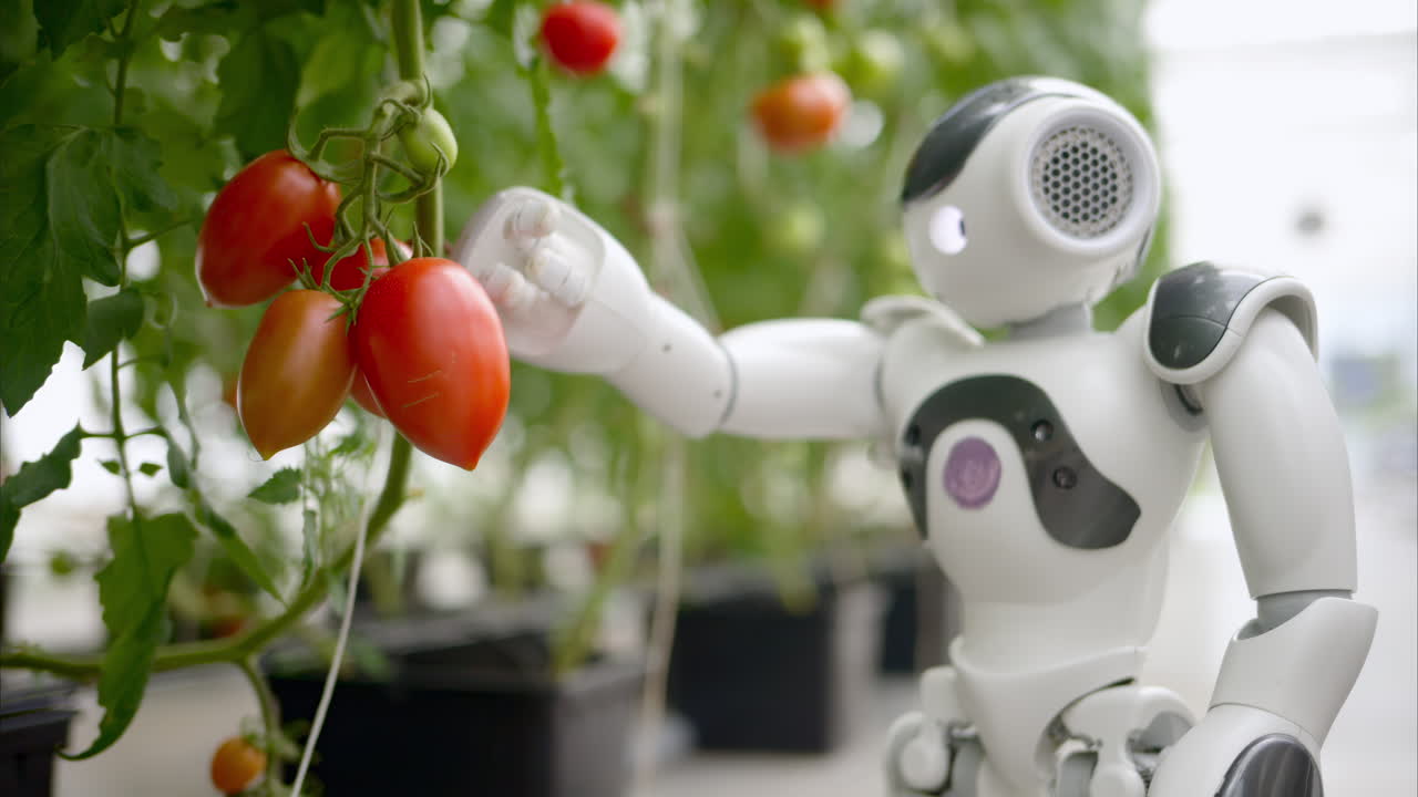 Humanoid robot moving near rows of tomatoes in a greenhouse farm