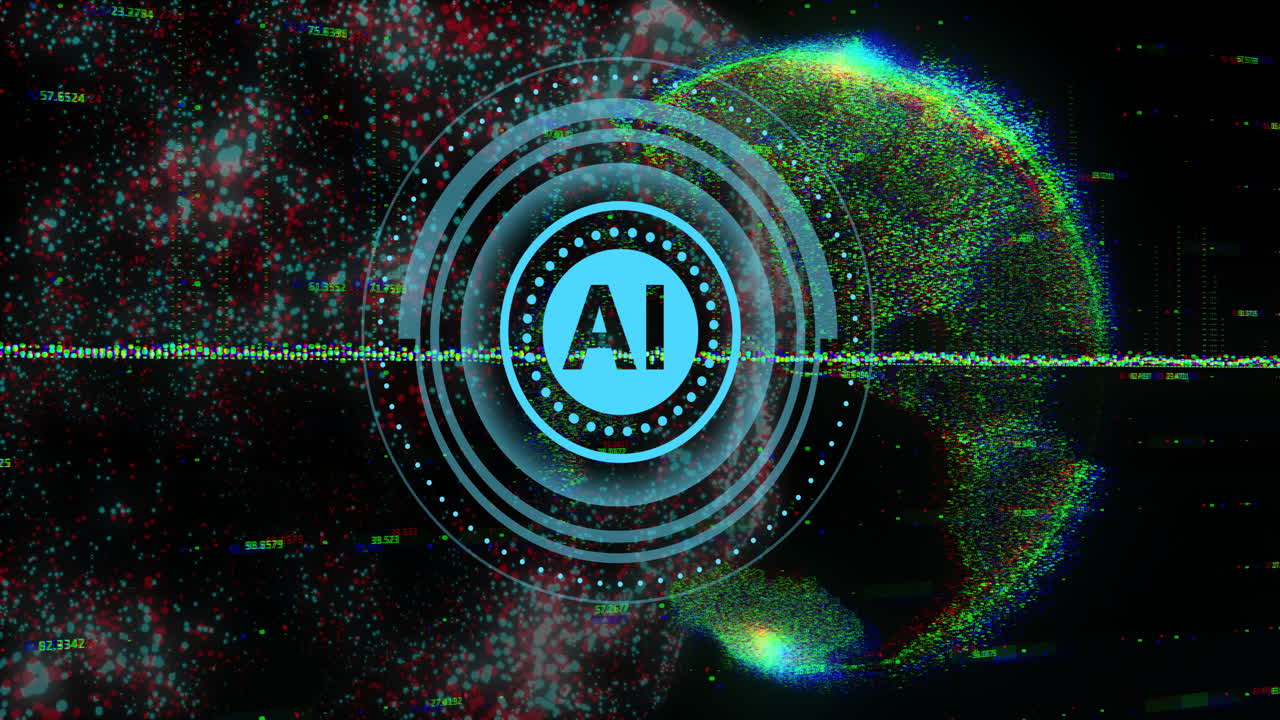 un texto sobre globo digital con puntos de datos y animación de interfaz circular