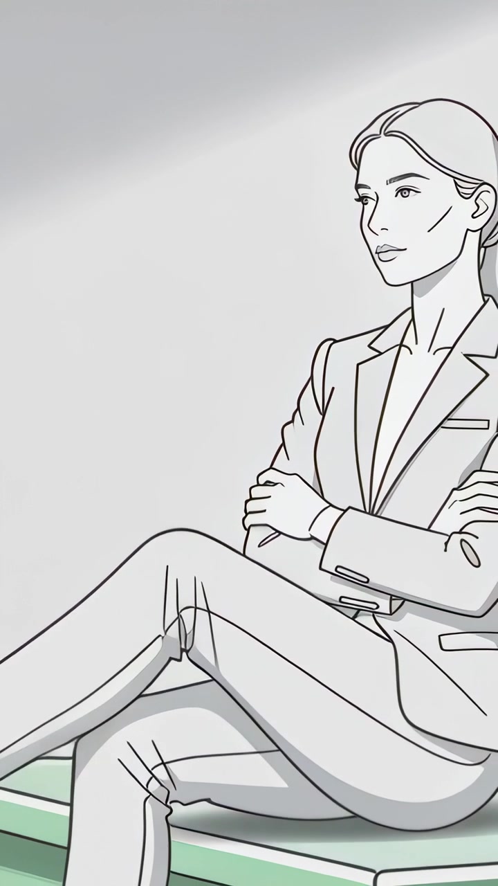 Video verticale: Panoramica che mostra una donna in stile line-art seduta su una panca verde in studio, in tailleur, con spazio per la copia.