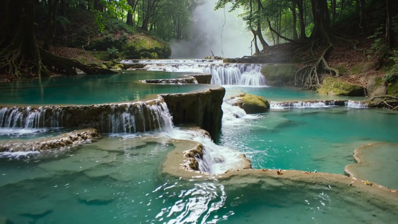Il travertino scorre a cascata dai livelli superiori, creando increspature in pozze turchesi nella foresta, avvolgendo l'ambiente in una leggera nebbia.