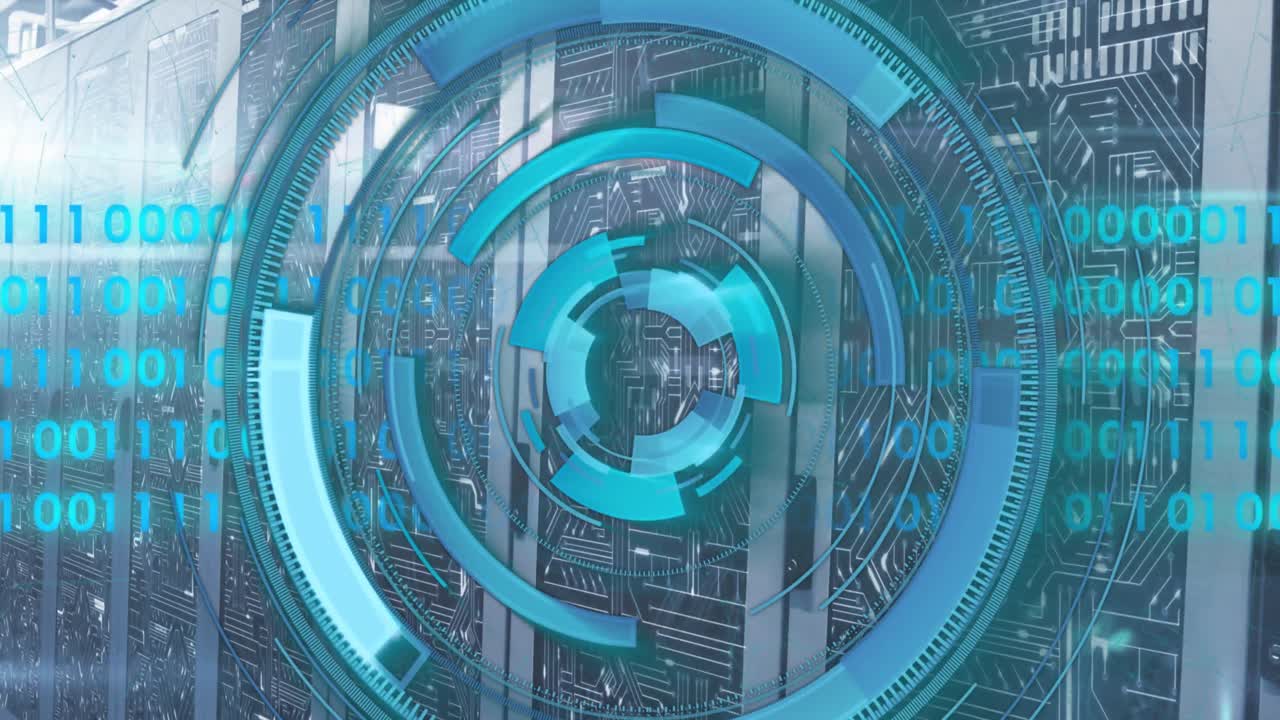 데이터 서버 랙에 있는 회로판 패턴 위의 로딩 서클과 바이너리 코드의 애니메이션