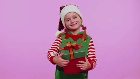 Cheerful-girl-Christmas-Santa-Claus-Elf-getting-present-gift-box,-expressing-amazement-happiness