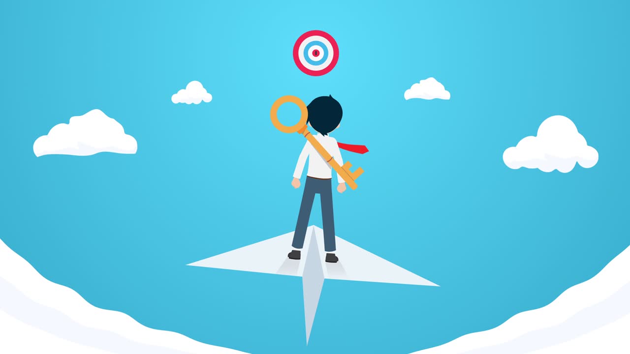 salario hombre de pie en el avión de papel volando a la mira de vuelta vista animación de bucle 4k. prepararse y centrarse en sus objetivos.