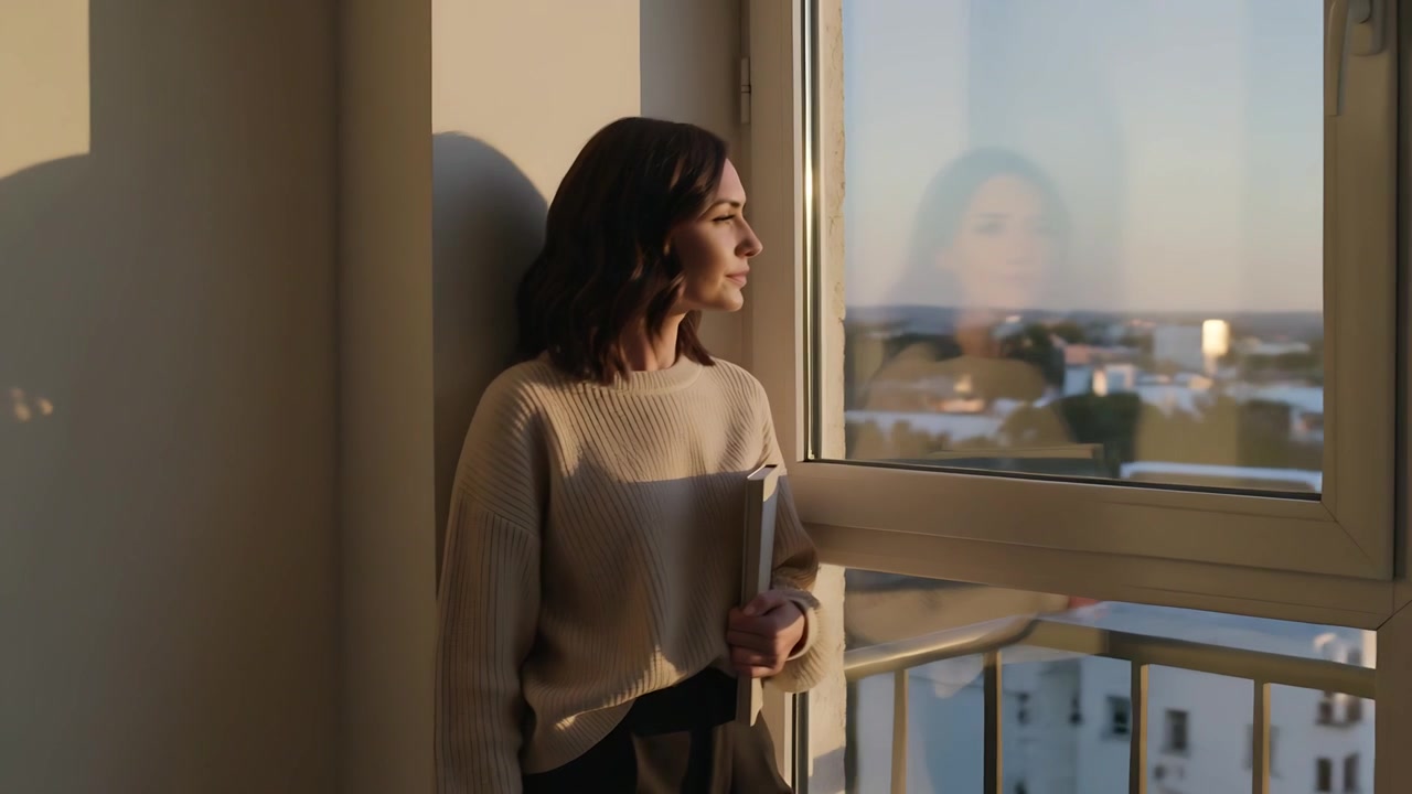 Leaning woman turning to skyline in flat by window sunlight drawing gaze holding laptop, copy space
