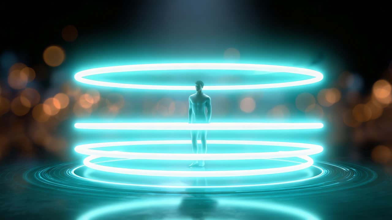 Una figura si erge in un cerchio luminoso circondata da luci eteree, raffigurando un viaggio di trasformazione e possibilità in un paesaggio digitale surreale.